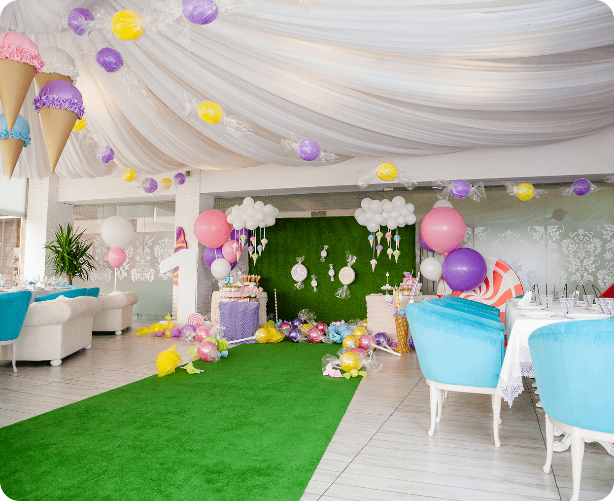 Colorful party room with balloon decorations
